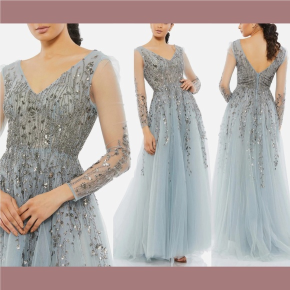 NEW $798‎ MAC DUGGAL [ 12 ] Embellished Long Sleeve A Line Gown Platinum - Picture 1 of 16